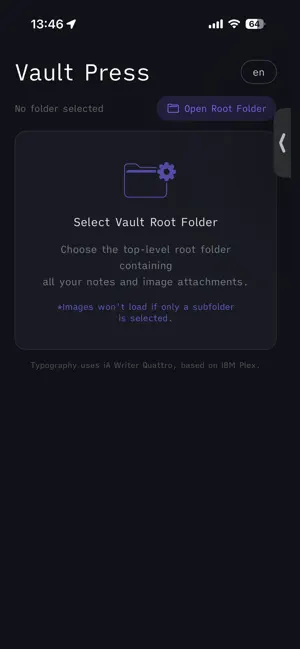 VaultPressのメイン画面 — ObsidianのVaultフォルダを選択し、PDF化の準備をする